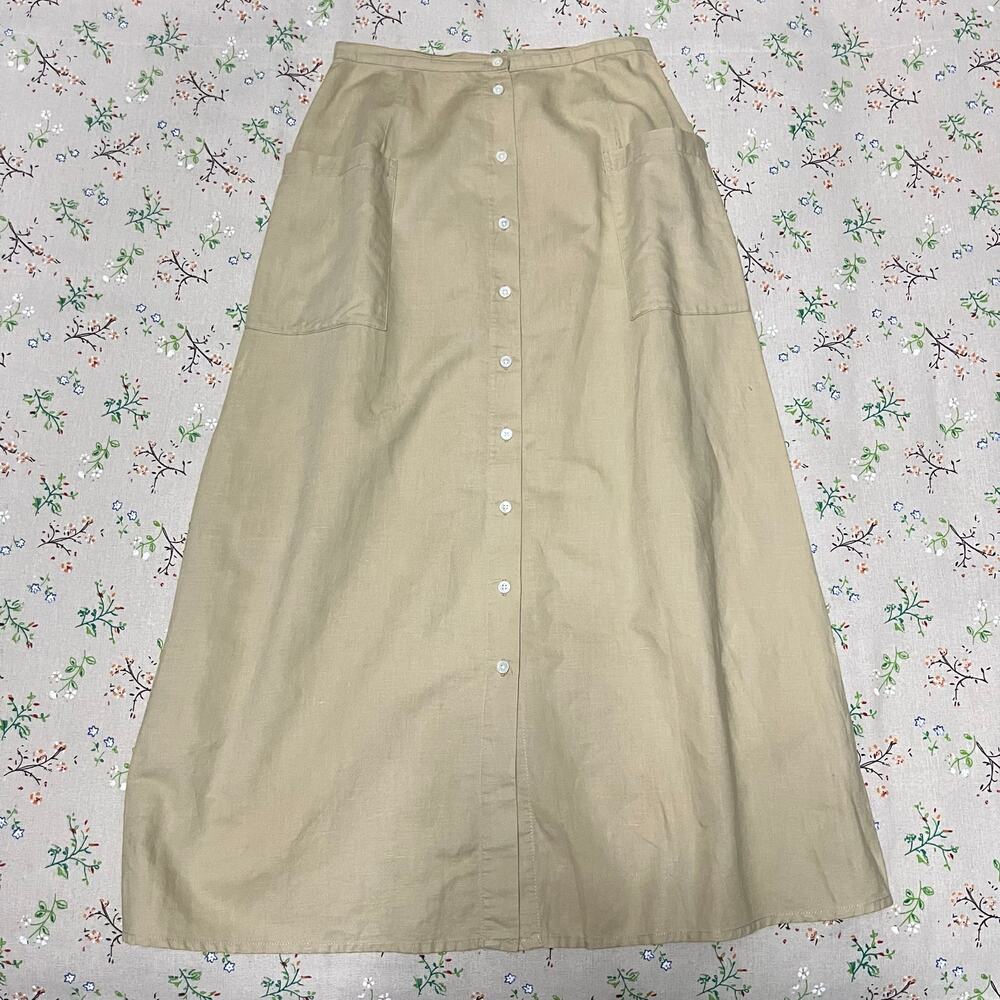 VTG Eddie Bauer Button Front Midi Skirt Linen Cotton Khaki Tan Sz 6 Pockets